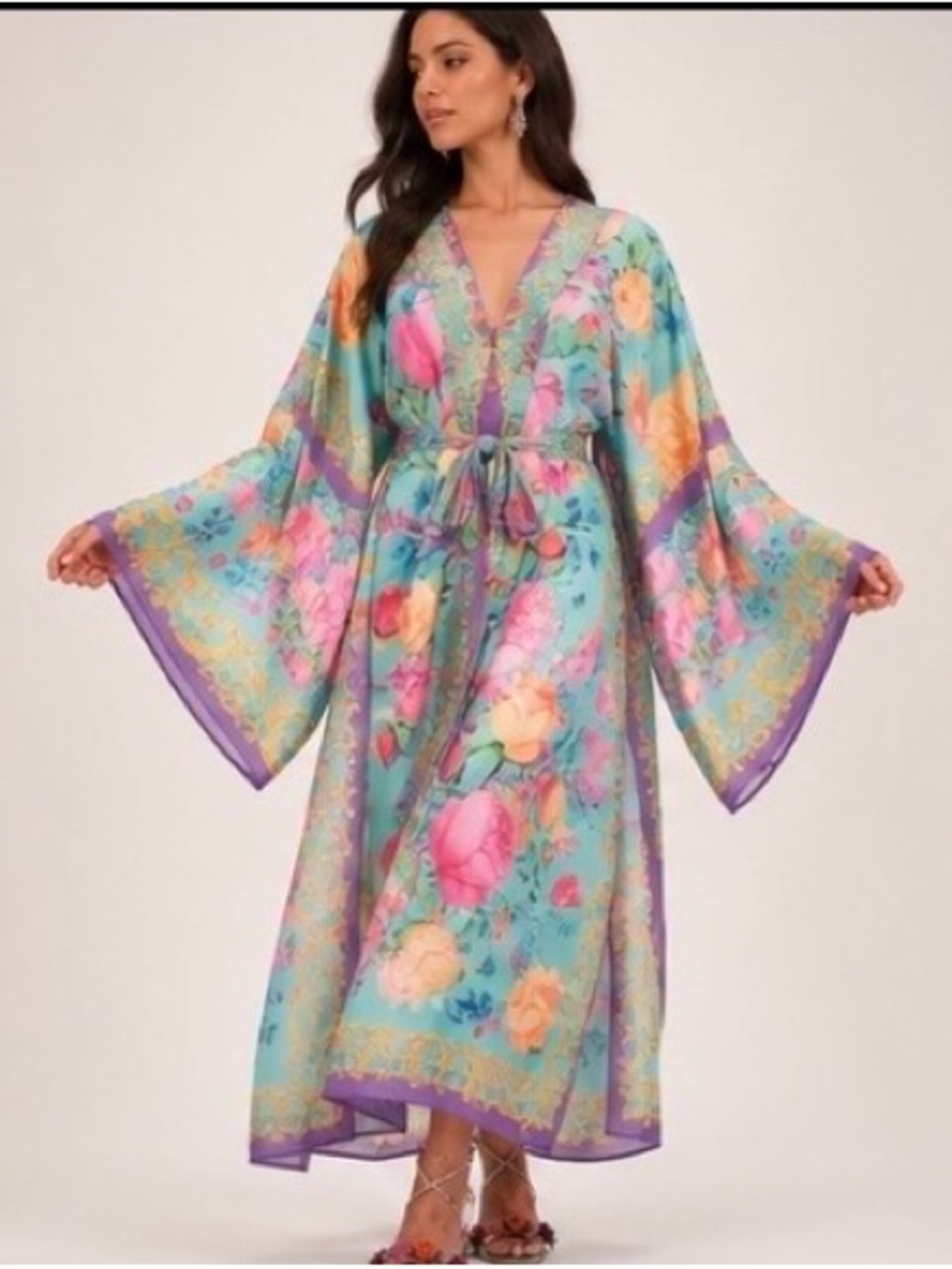 Floral Satin Kimono Robe in Aqua and Purple -